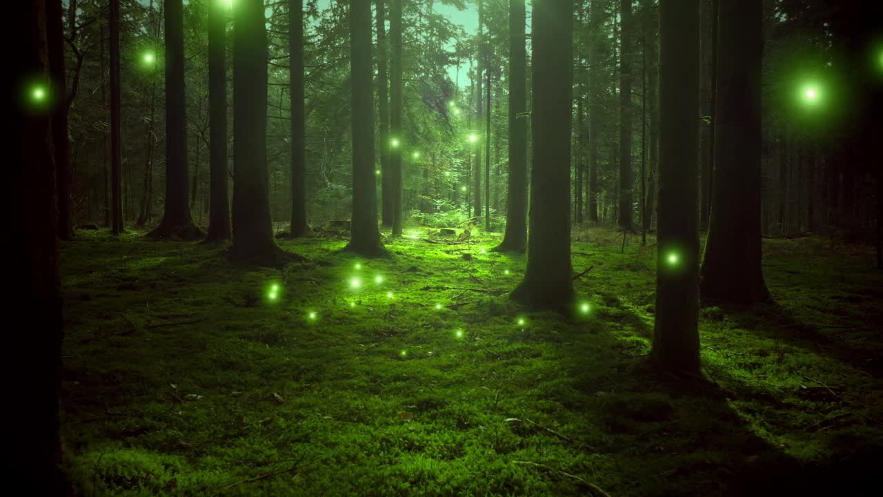 梦幻般的萤火虫在绿色阳光灿烂的苔藓林地。视频下载