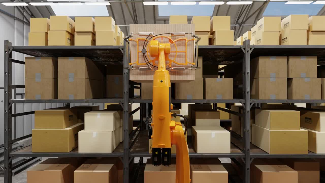 仓库，自动化机器人，箱子和货物装卸，人工智能，物流。机器人分类和移动箱子。视频下载