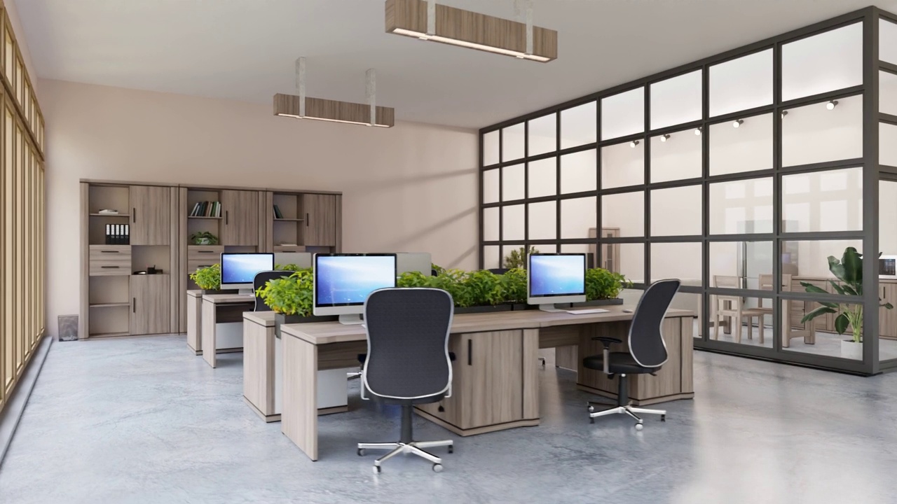 3D办公室内饰，工作场所，电脑，桌子和橱柜。员工休闲区。视频下载