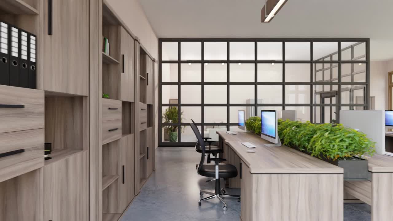 3D办公室内饰，工作场所，电脑，桌子和橱柜。员工休闲区。客厅的时候视频下载