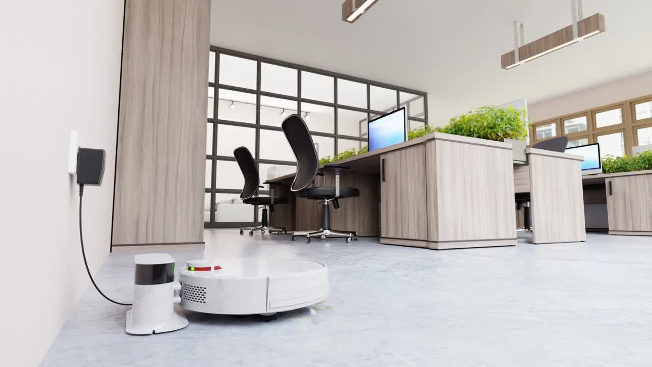 3D办公室内饰，工作场所，电脑，桌子和橱柜。机器人真空吸尘器在站内充电，监测建筑物的清洁度。真空吸尘器和清洁地板视频下载