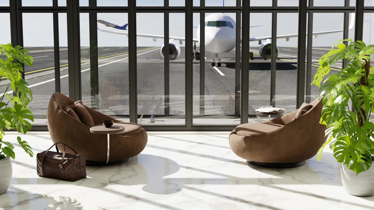 机场3D内景，窗外的飞机，候机区，旅行的概念。商务舱休息区视频下载