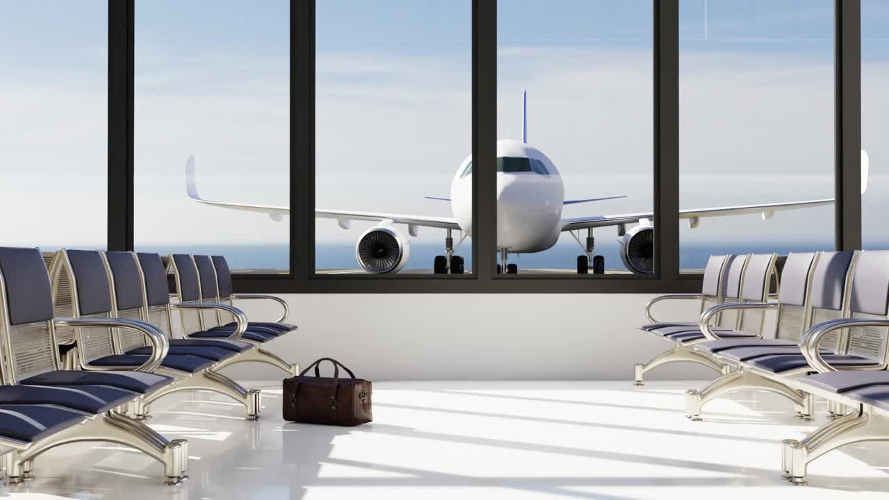 机场3D内景，窗外的飞机，候机区，旅行的概念。视频下载