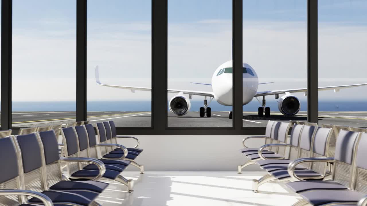机场3D内景，窗外的飞机，候机区，旅行的概念。滑槽视频下载