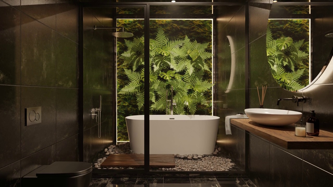 浴室内部3D渲染，黑色马桶，深色设计，极简主义，现代经典结合热带植物，自然，墙上的叶子，生态风格，潮流。视频下载