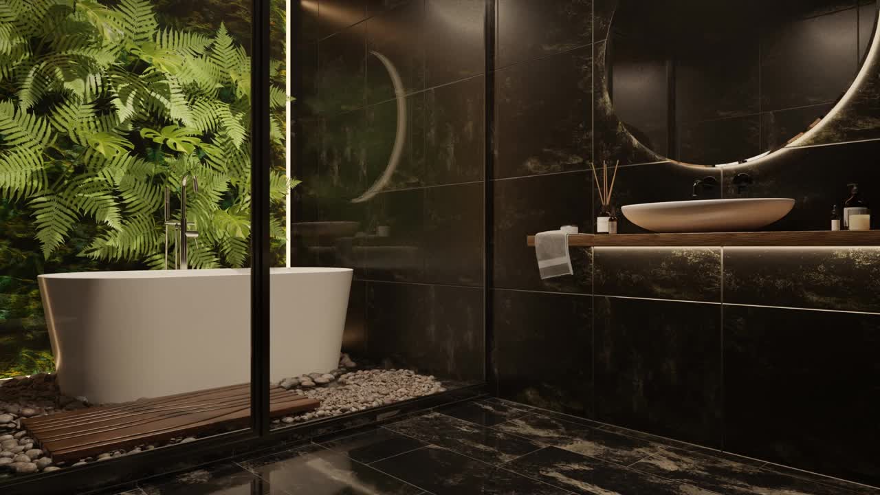 浴室内部3D渲染，黑色马桶，深色设计，极简主义，现代经典结合热带植物，自然，墙上的叶子，生态风格，视频下载