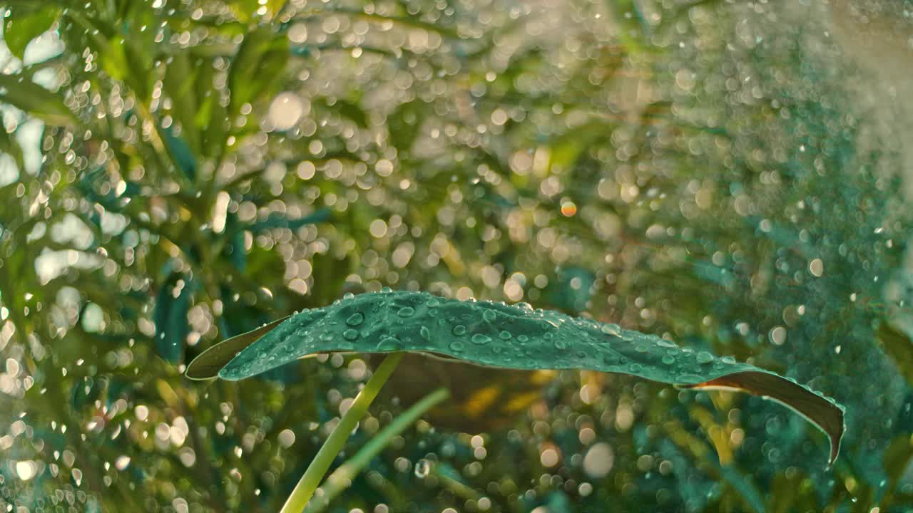 雨点和阳光照耀着郁郁葱葱的绿色植物。眩光视频素材