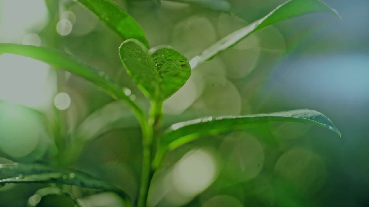雨滴落在植物的绿叶上，溅起水花视频素材