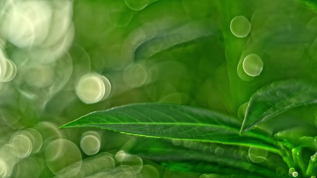 超慢镜头的雨滴落在生机勃勃的绿叶上视频素材