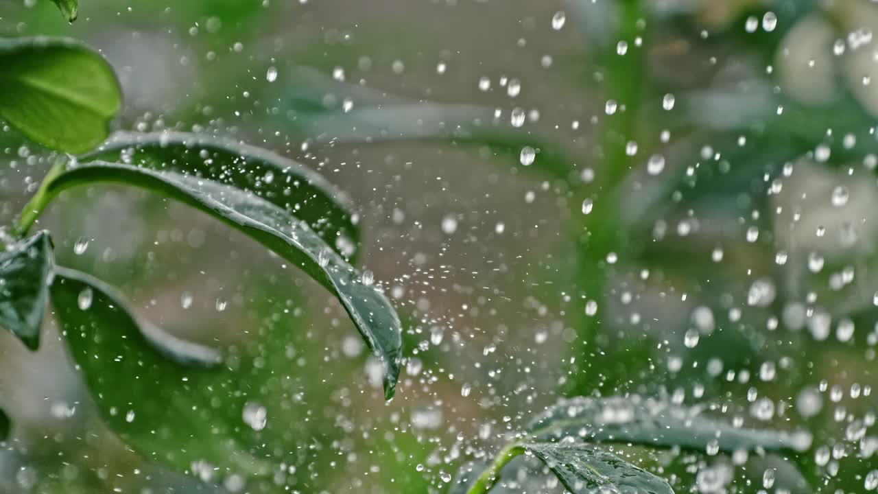 超慢动作的雨滴落在茂盛的绿叶上视频素材