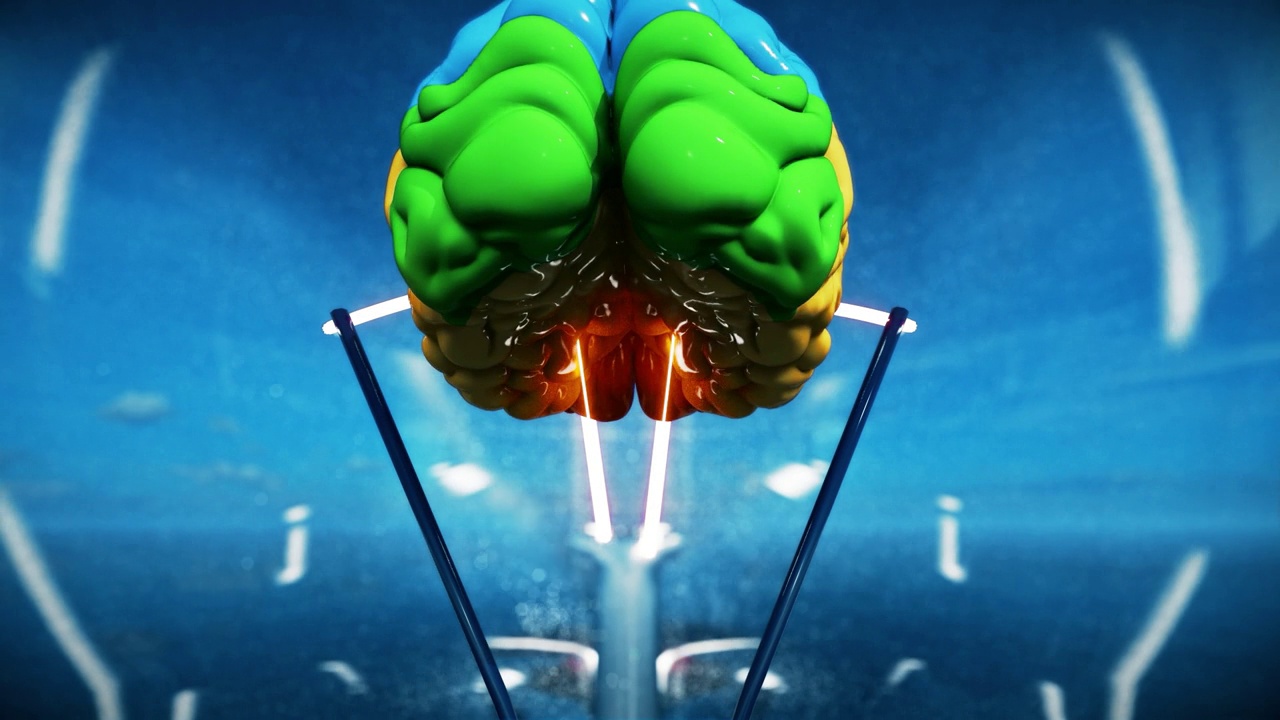 一个彩色的大脑在一个经典的灯泡内旋转的3D动画，无缝循环视频素材