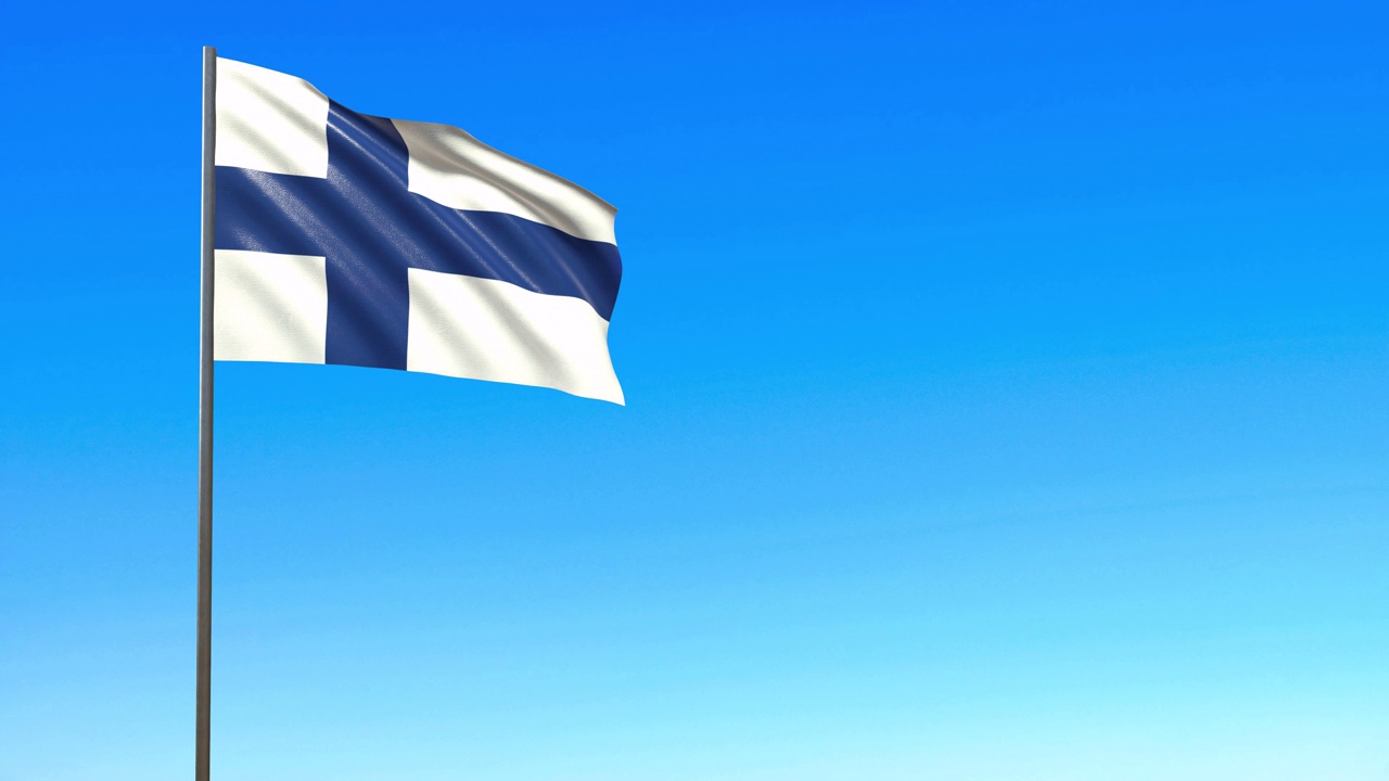 芬兰国旗迎风飘扬，蓝天三维渲染。视频素材