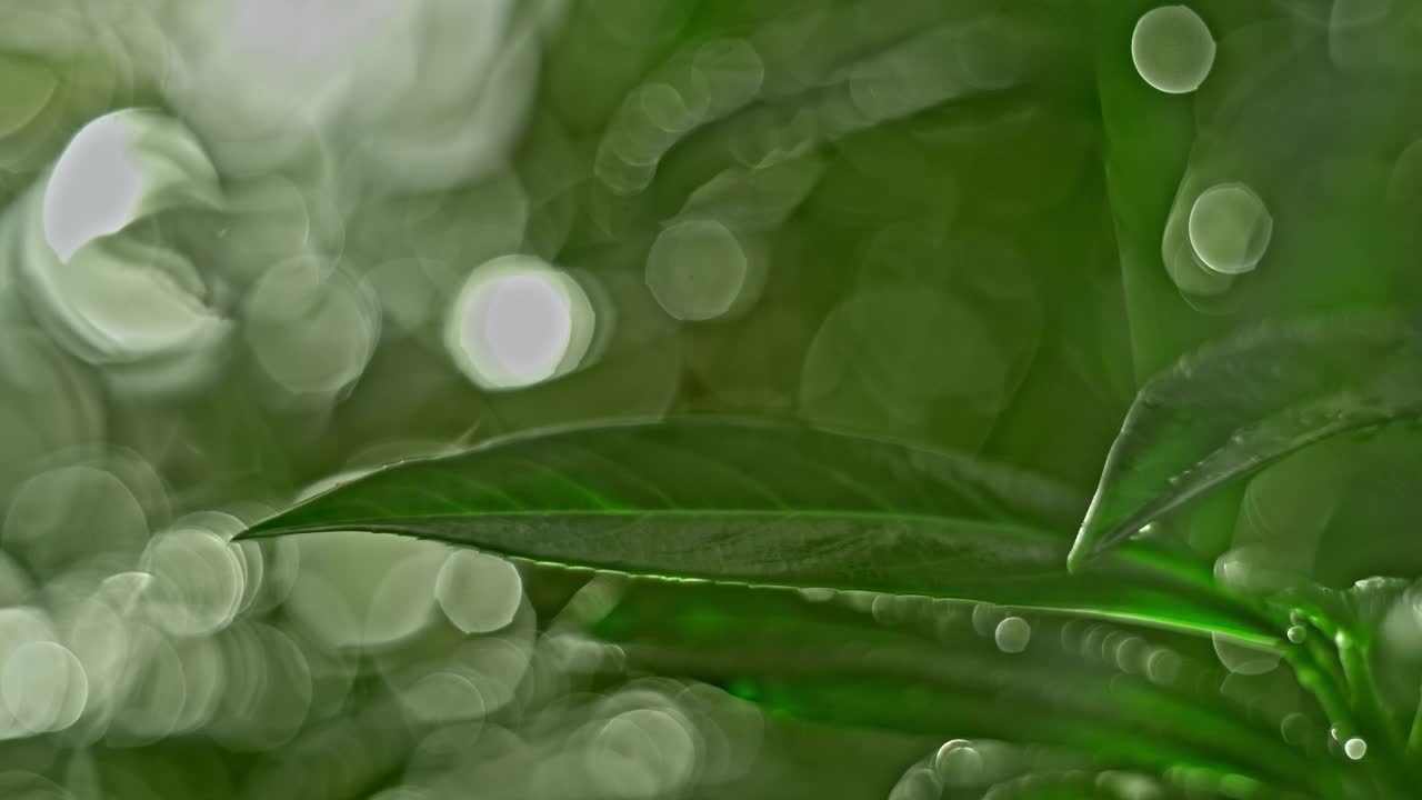超慢动作的雨滴落在绿叶上，溅起水花视频素材