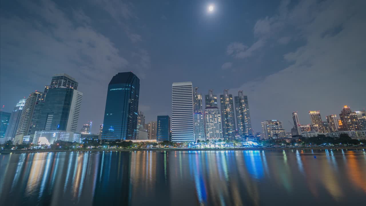 曼谷城市的摩天大楼沿着Benchakitti公园和素坤逸城市天际线，夜景的时间流逝，云，曼谷，泰国视频下载