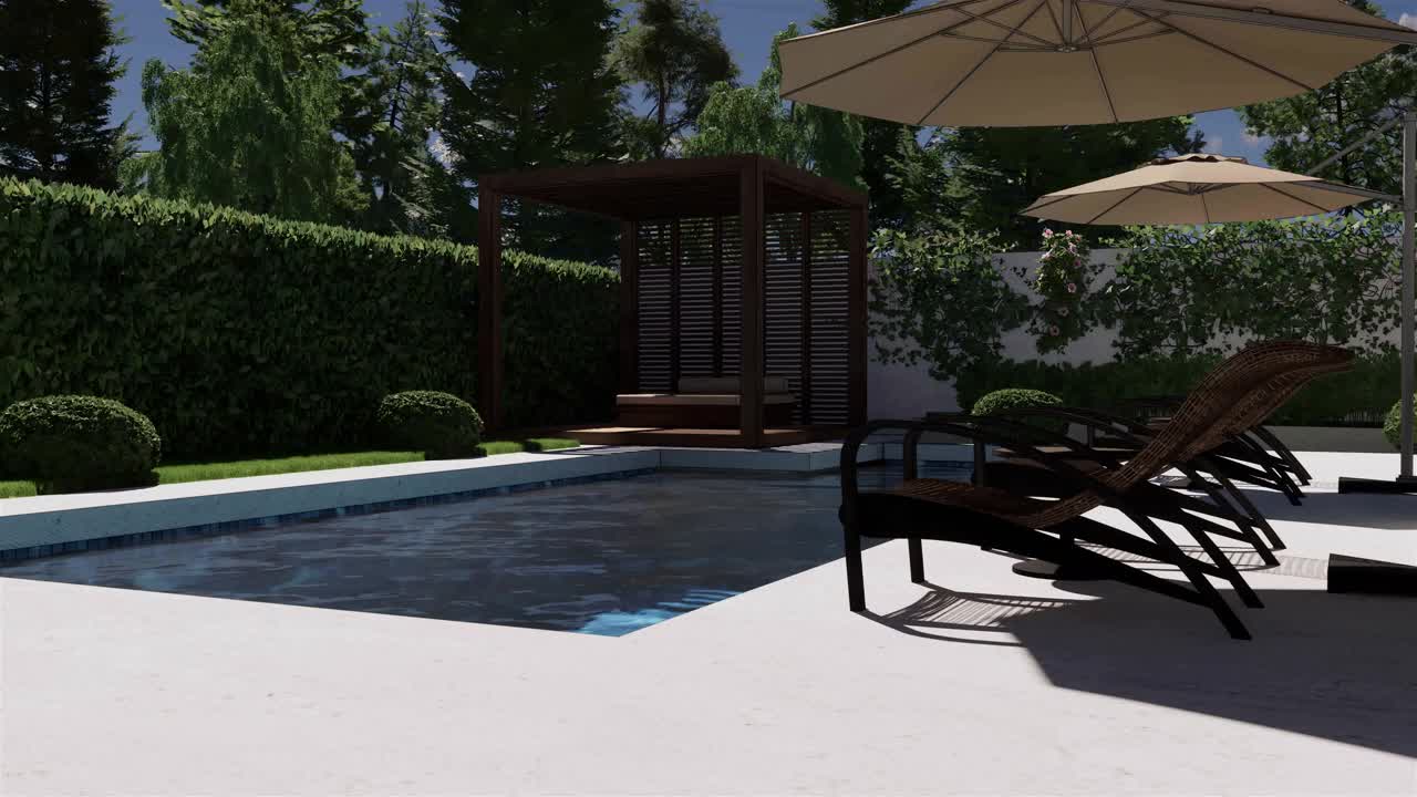 带游泳池和休息区的花园。3 d视频。视频素材