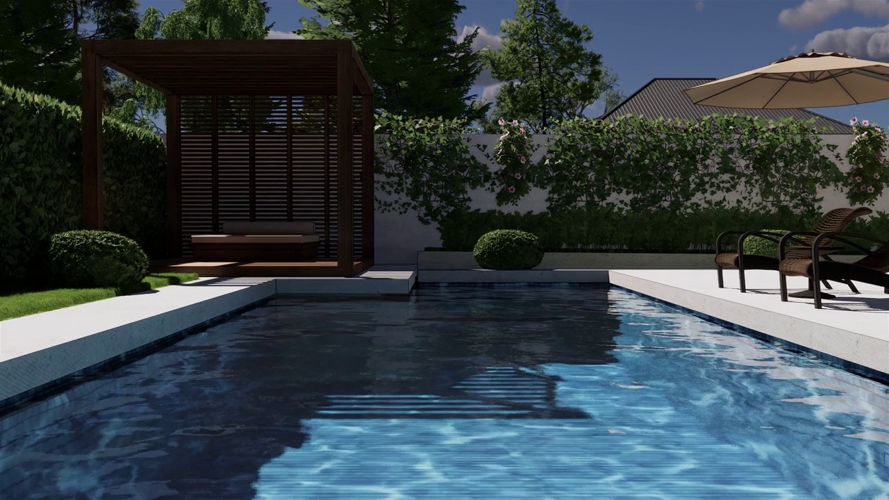 带游泳池和休息区的花园。3 d视频。视频素材