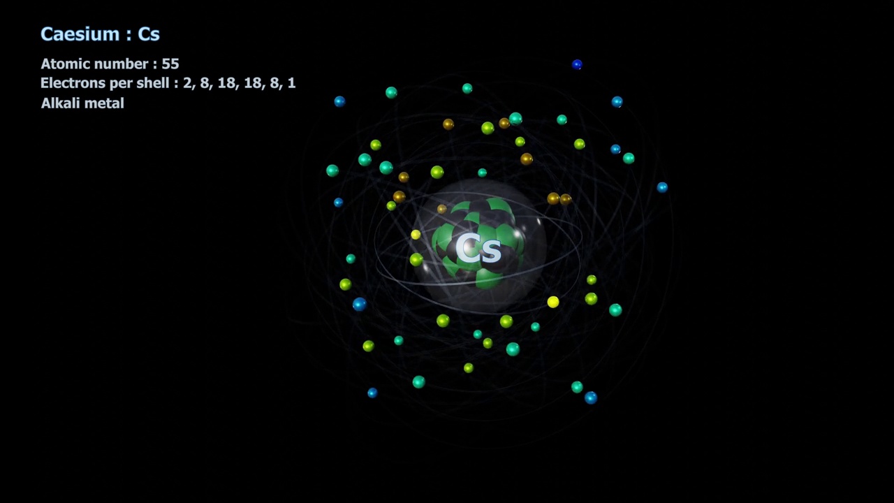 有55个电子在黑色轨道上无限旋转的铯原子视频下载