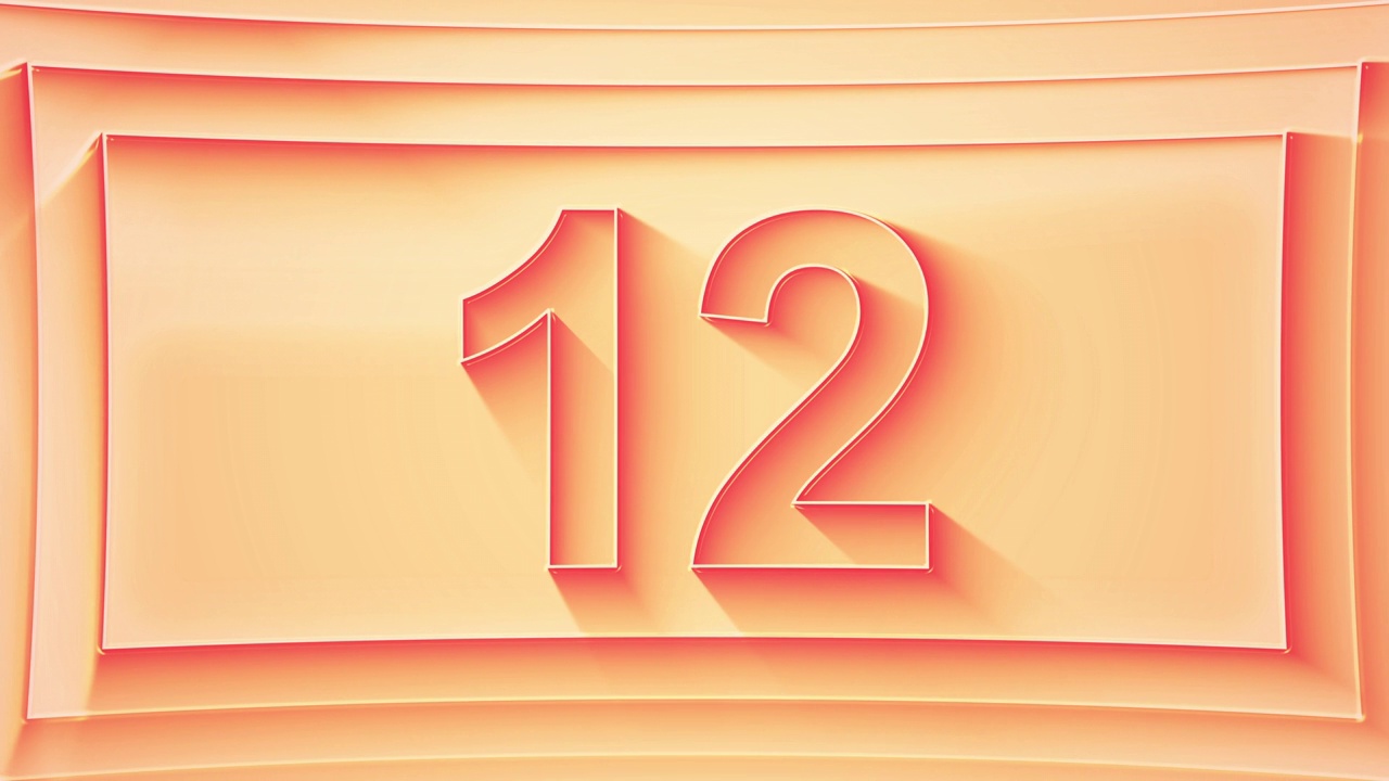 从1到18的渐进计数。极简的浮雕数字与闪闪发光的灯光和动态阴影，在橙色的阴影。4 k视频下载