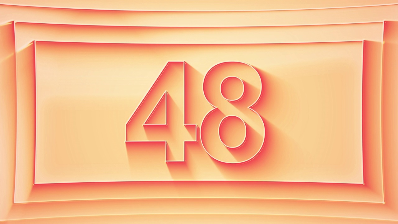 从1到55的渐进计数。极简的浮雕数字与闪闪发光的灯光和动态阴影，在橙色的阴影。4 k视频下载