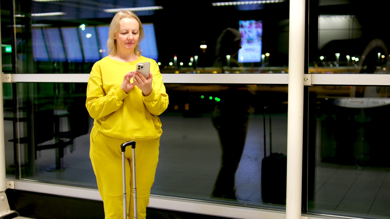 满意快乐的中年金发女子展示手机与白色屏幕在机场火车站在办公室广告微笑快乐空间为短信女子手机广告业务研究门票视频下载