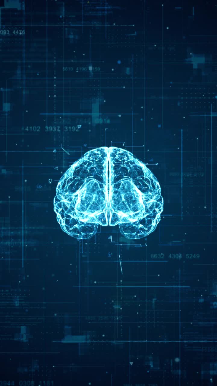 运动图形的3D蓝色粒子数字大脑标志与网格线和技术图标旋转在未来的HUD背景抽象背景垂直视频概念视频下载