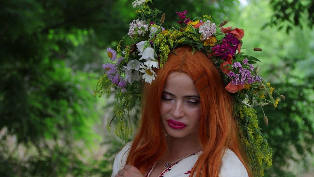 美丽的女孩，红色的长发，花冠，刺绣民族服装站在树。童话人物，森林精灵，mavka，仙女。4 k的决议视频下载