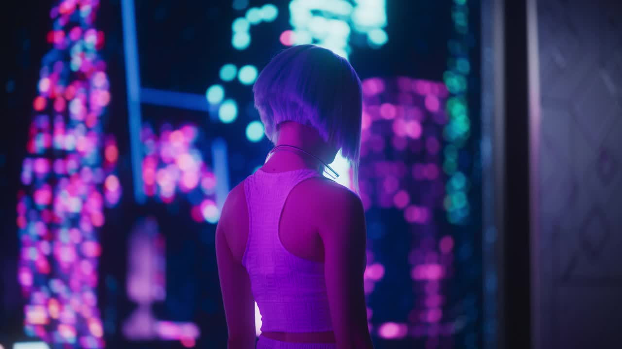 一个兴奋美丽的年轻女性的肖像，蓝头发在霓虹灯和人工智能技术的未来主义城市中心徘徊。弧射视频下载
