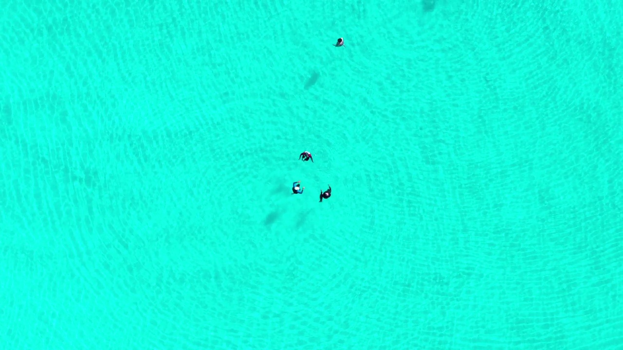 在埃及的锡瓦绿洲，三名游客漂浮在明亮的绿松石水中聊天，无人机直接拍摄了这段视频。视频下载