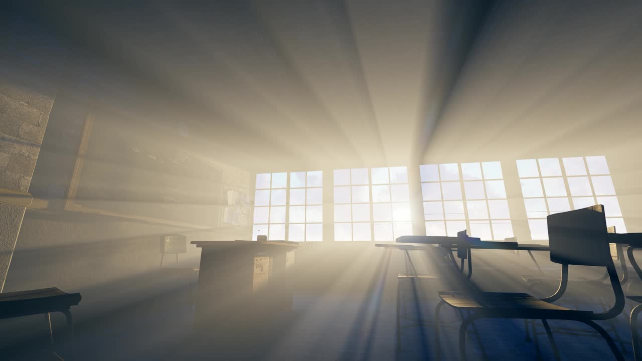 太阳照进窗外旧教室的延时照片视频下载