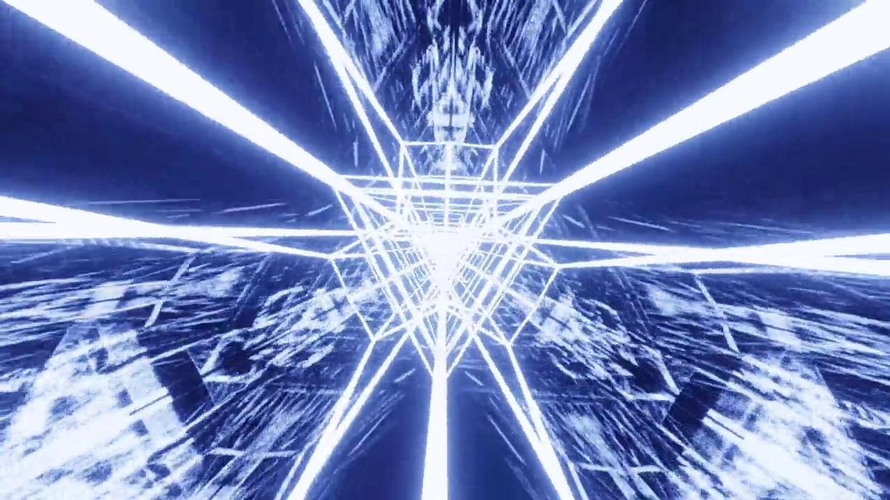 蓝色科幻隧道旋转VJ循环背景与雷霓虹灯三角形视频素材
