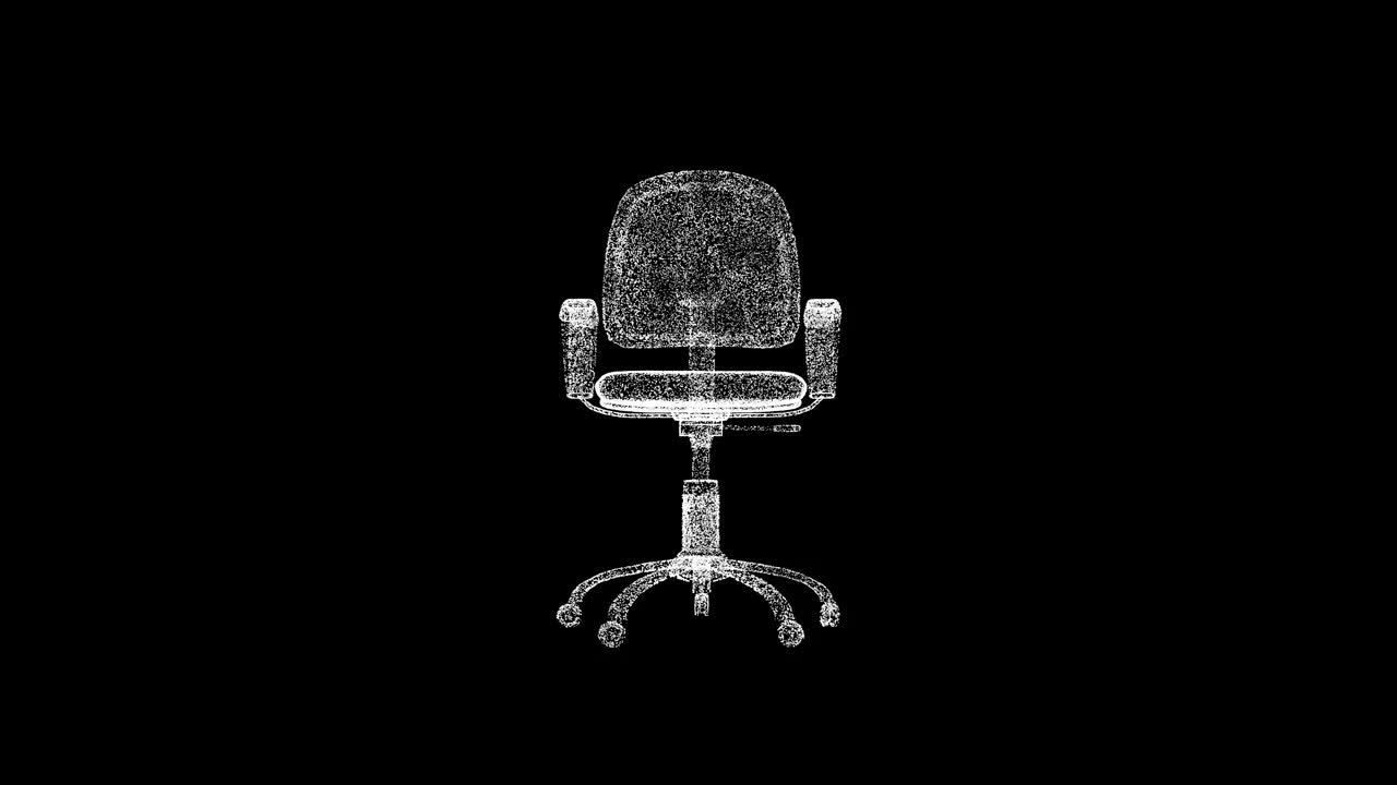 3D办公椅旋转黑色bg。物体溶解白色闪烁粒子60 FPS。商业广告背景。科学的概念。用于标题，文本，演示。3 d动画。视频下载