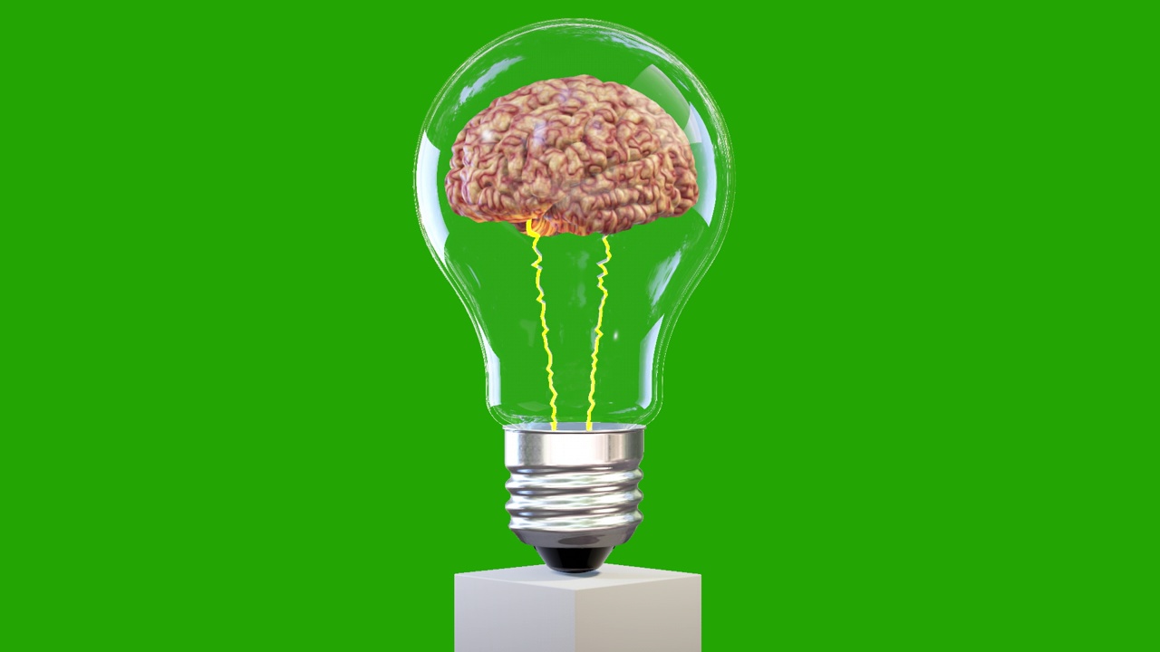 3d大脑在灯泡里旋转，伟大的思维概念，循环，绿屏铬视频素材