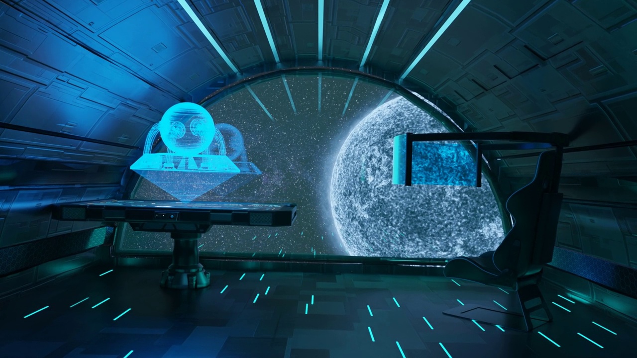 三维空间渲染，飞船内部，从蓝色星球的窗口，飞行员座位和带有全息图的桌子。未来的科技，去其他世界的旅行。视频下载