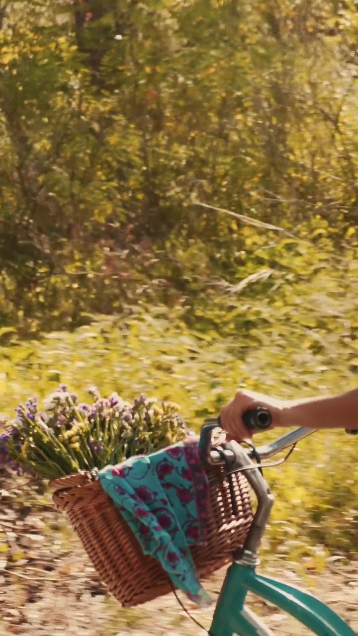 夏天，戴着草帽骑着复古自行车的开朗女性。垂直视频视频下载
