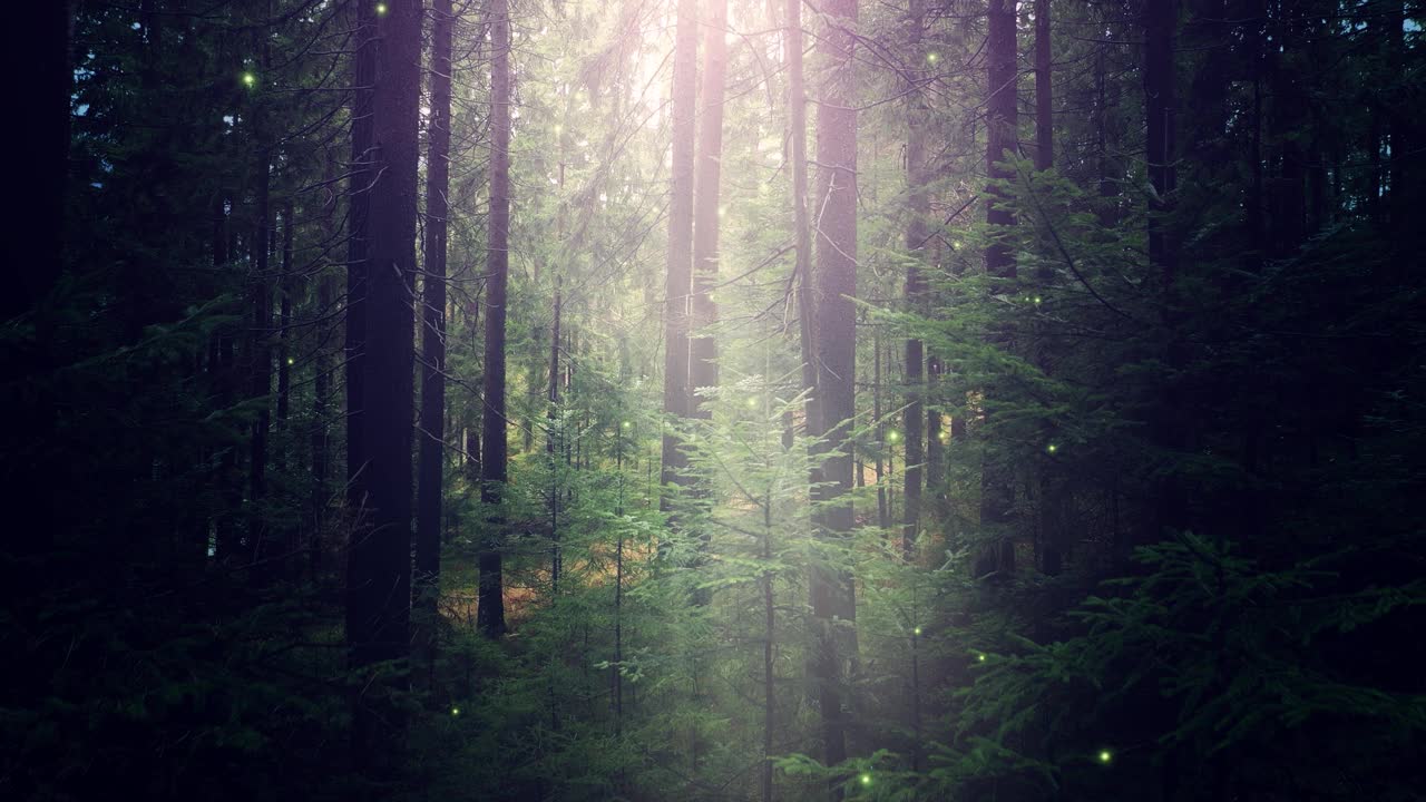 神秘的黑暗迷雾森林，树木和神奇的萤火虫。童话般的风景。视频素材