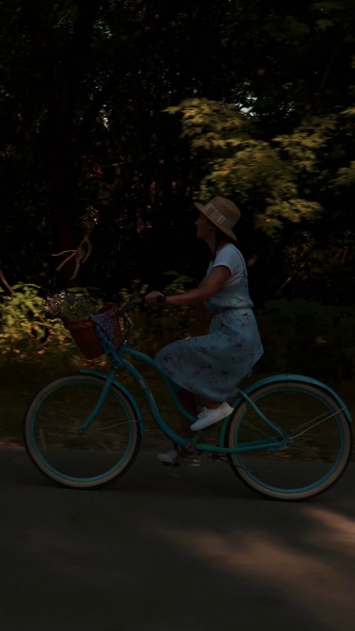 夏日公园里骑着蓝色复古自行车。垂直视频。夏天的活动视频下载