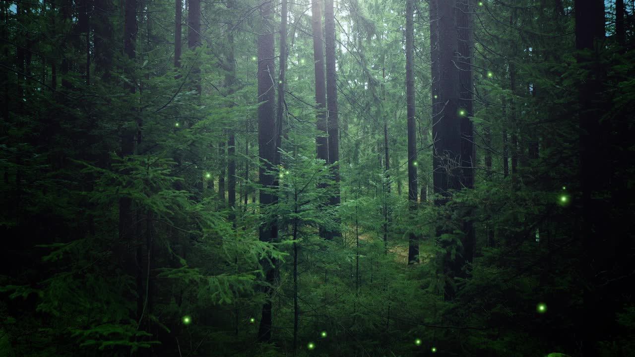 神秘的黑雾绿色森林树木与神奇的萤火虫飞行。童话故事。视频素材