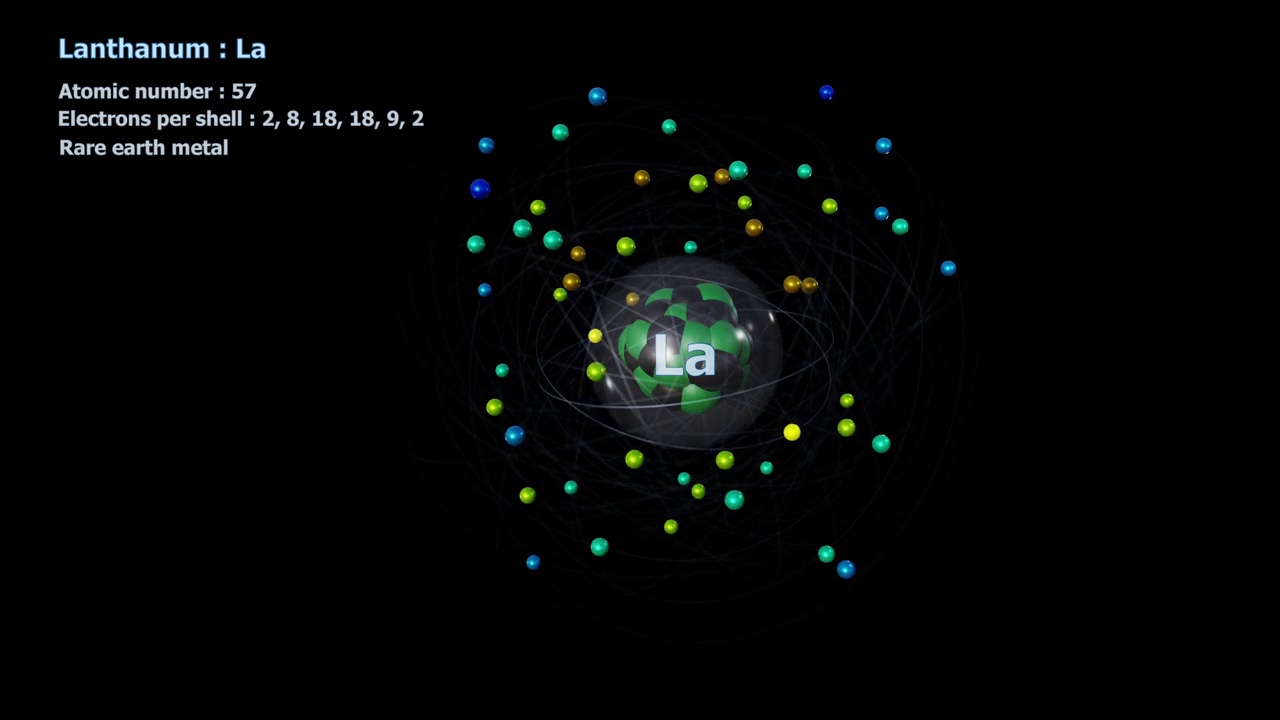 有57个电子在黑色轨道上无限旋转的镧原子视频素材