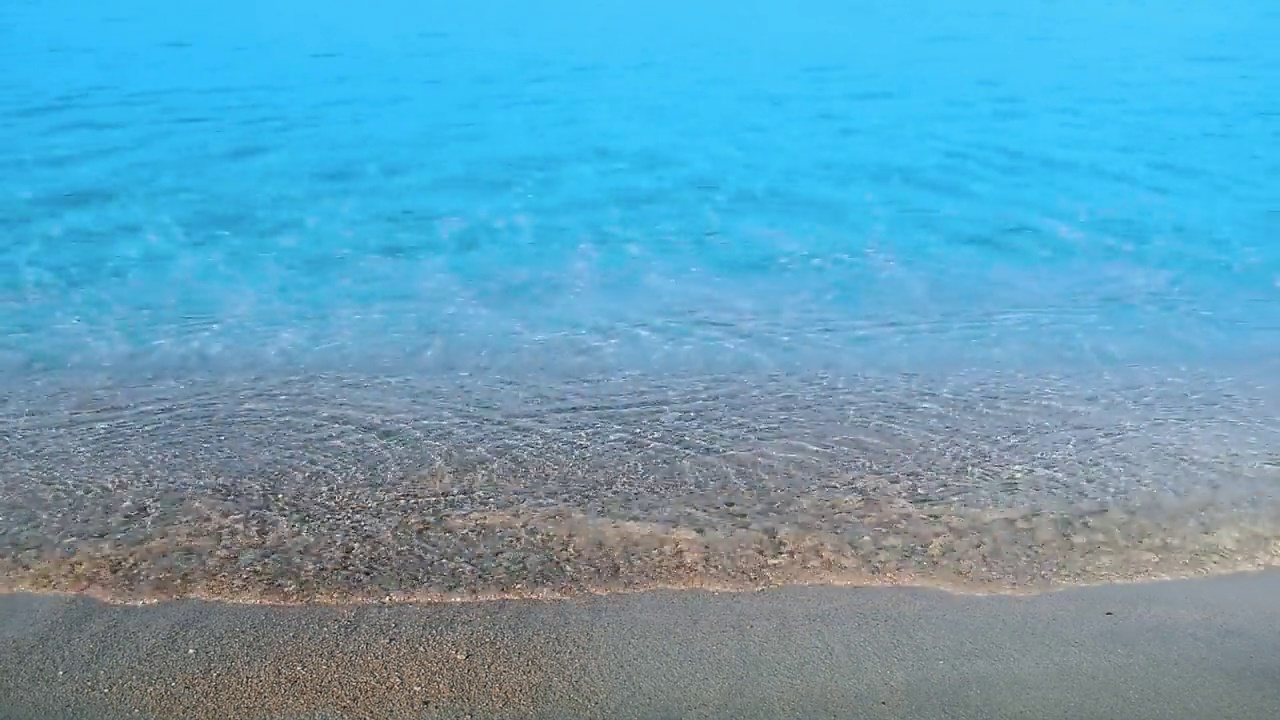 沙滩海滨与蓝色的波浪和白色闪闪发光的夏季背景视频下载