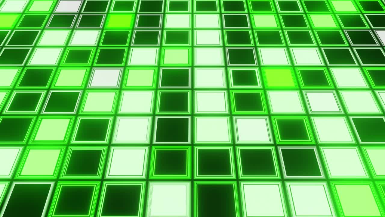 VJ舞蹈绿色迪斯科地板循环渐变背景为音乐节，酒吧和夜总会3d渲染。抽象霓虹纹理设计现场表演音乐会。DJ灯光闪烁频闪视频素材