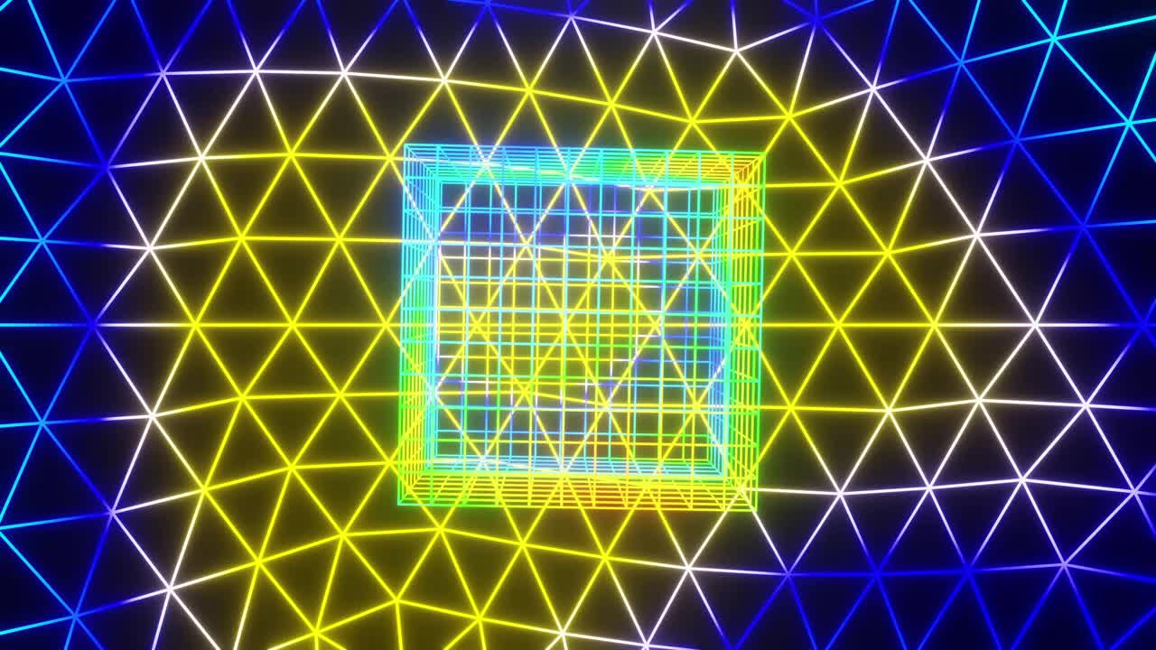 VJ舞蹈彩色立方体循环渐变背景为音乐节，酒吧和夜总会3d渲染。DJ灯光闪烁频闪。抽象霓虹纹理设计现场表演音乐会视频素材
