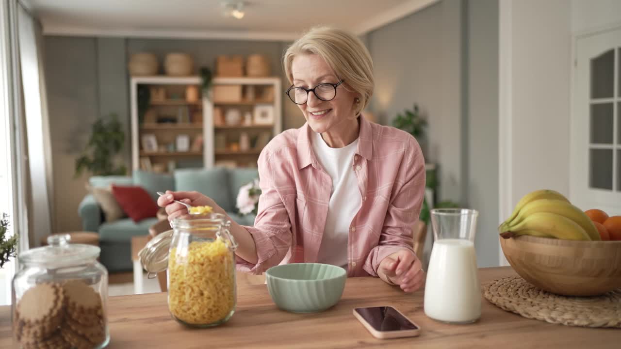 一位上了年纪的妇女像往常一样，吃着麦片和牛奶当早餐，坐在吧台的厨房里视频素材