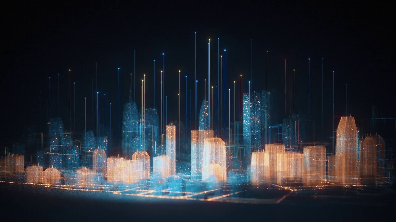 新兴的数字城市天际线-全息图，智慧城市，超宇宙，虚拟现实-多色版本视频下载