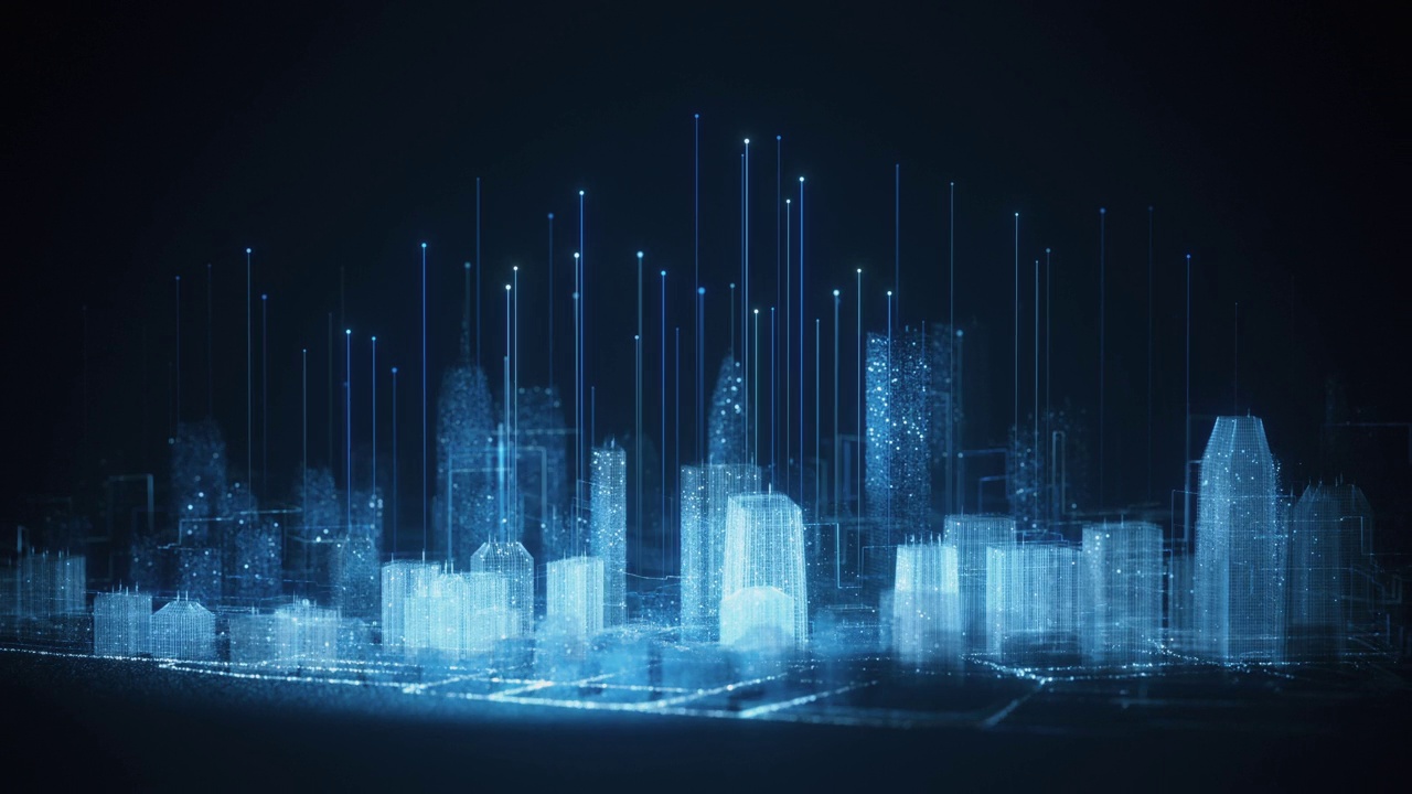 新兴数字城市天际线-全息图，智慧城市，虚拟世界，虚拟现实-蓝色版本视频下载
