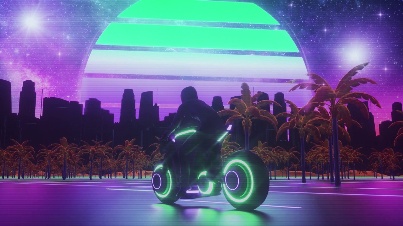 合成波摩托骑手在棕榈城-循环复古波背景V2视频下载
