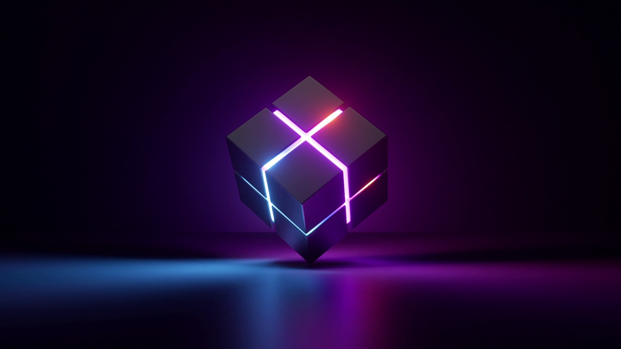 循环的3d动画，抽象的背景，发光的霓虹灯线的立方体盒子，在黑暗的空房间里旋转和旋转。黑暗房间里的发光物体。虚拟现实视频下载