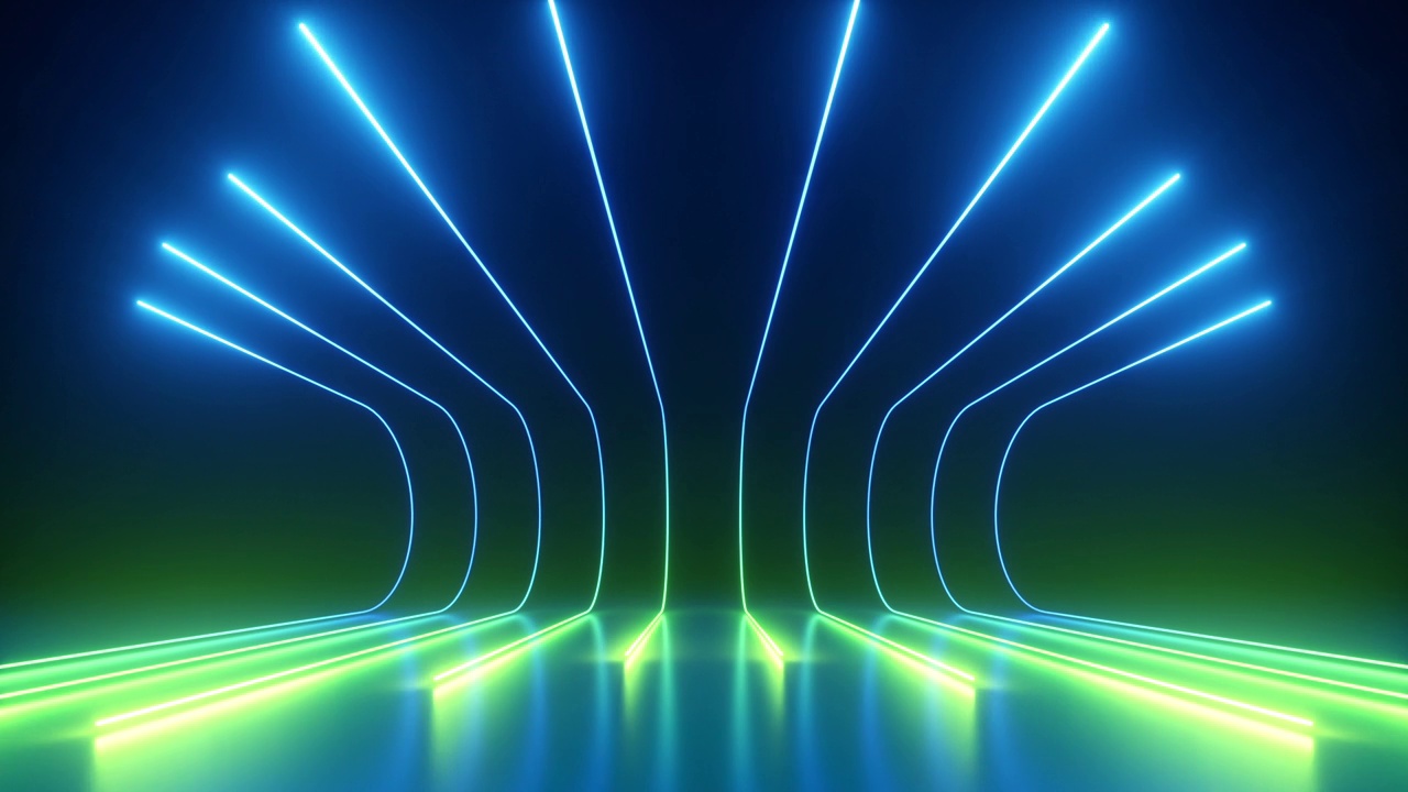 循环3d动画。抽象梦幻的霓虹背景的绿色蓝色发光线滑进黑暗的房间。视频下载