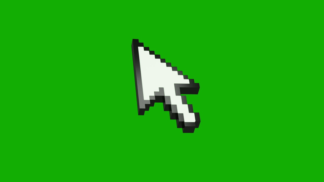 三维模型的一个白色的复古电脑箭头或光标图标像素化。鼠标指针动画点击绿色屏幕色度键背景。视频下载