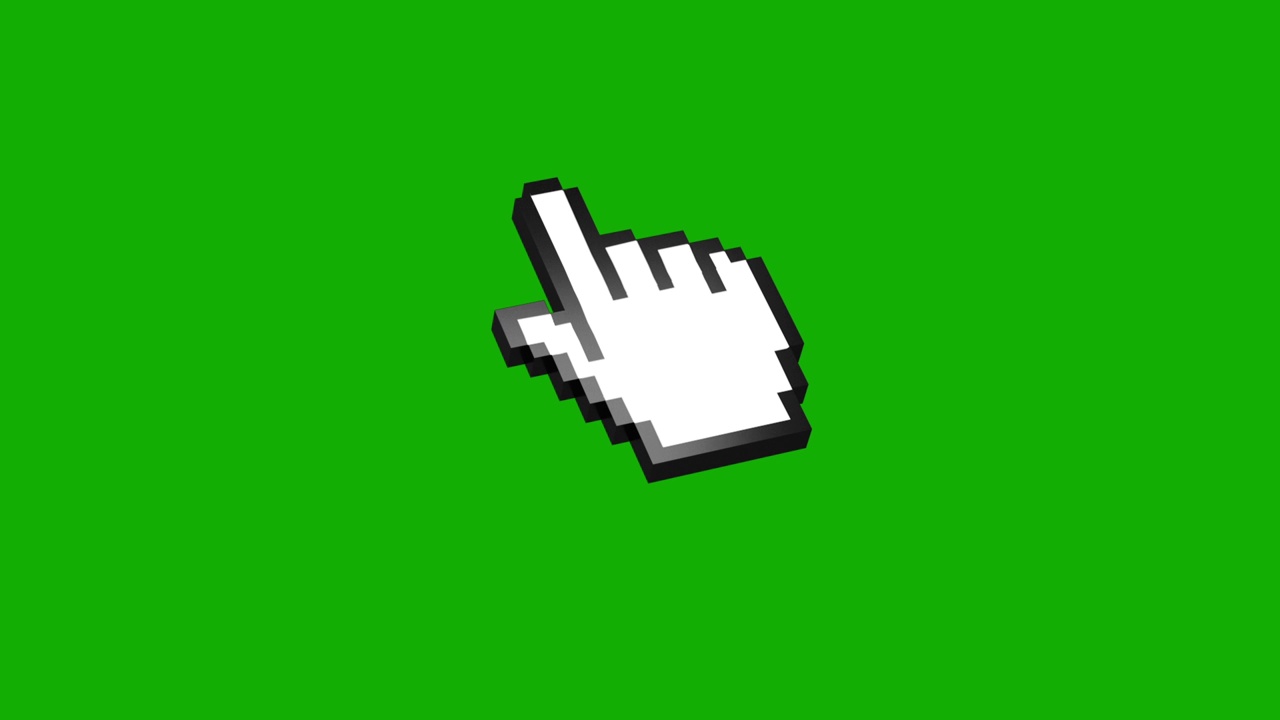 像素化的3D模型，一个白色的复古电脑手或手指光标图标。等距鼠标指针点击绿色屏幕的铬背景的动画。视频下载
