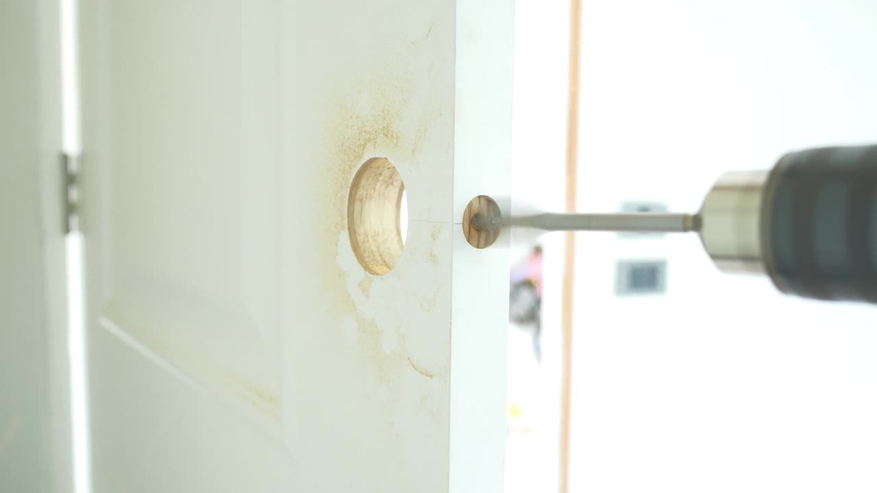 工人用电钻在门上打一个锁孔视频素材